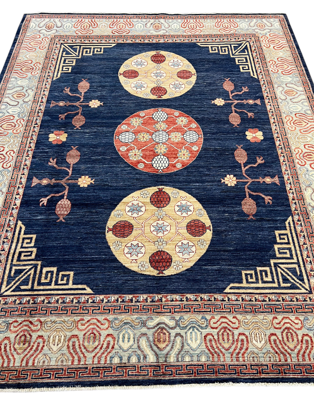 Hand-Knotted Art Deco Wool Rug | Navy Blue, Ivory &amp; Rust Geometric Design | 8.2 x 10.2