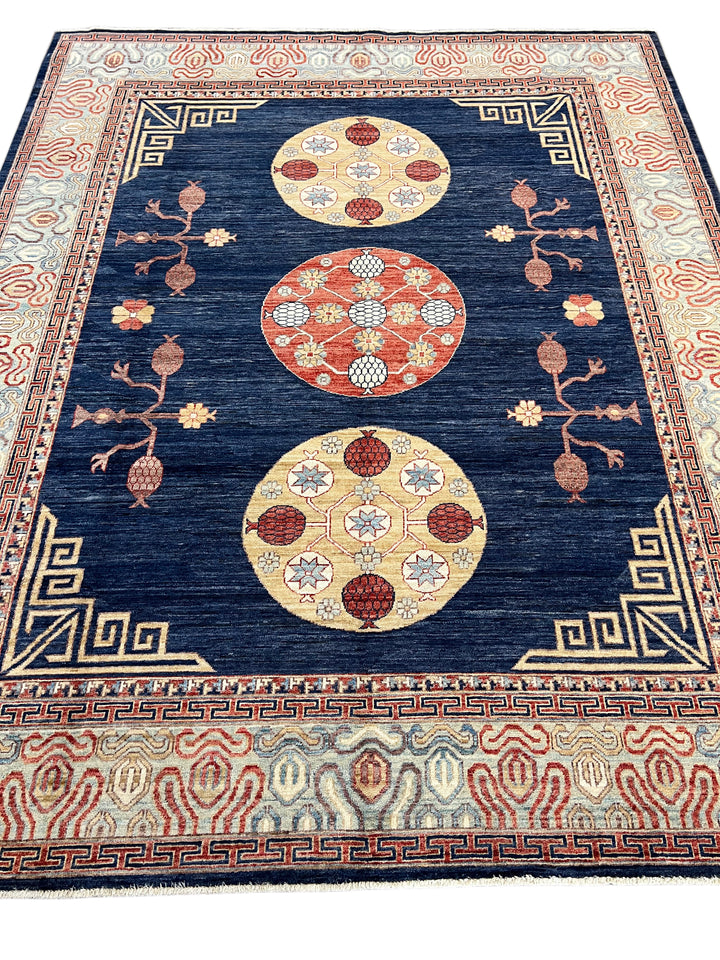 Hand-Knotted Art Deco Wool Rug | Navy Blue, Ivory &amp; Rust Geometric Design | 8.2 x 10.2
