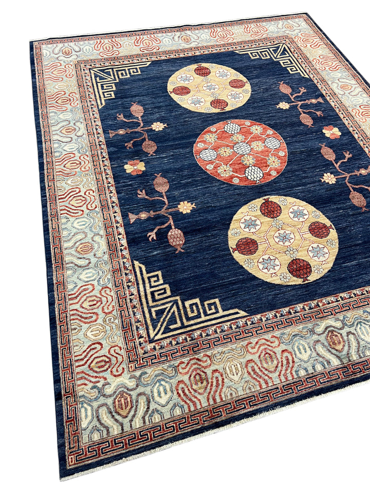 Hand-Knotted Art Deco Wool Rug | Navy Blue, Ivory &amp; Rust Geometric Design | 8.2 x 10.2