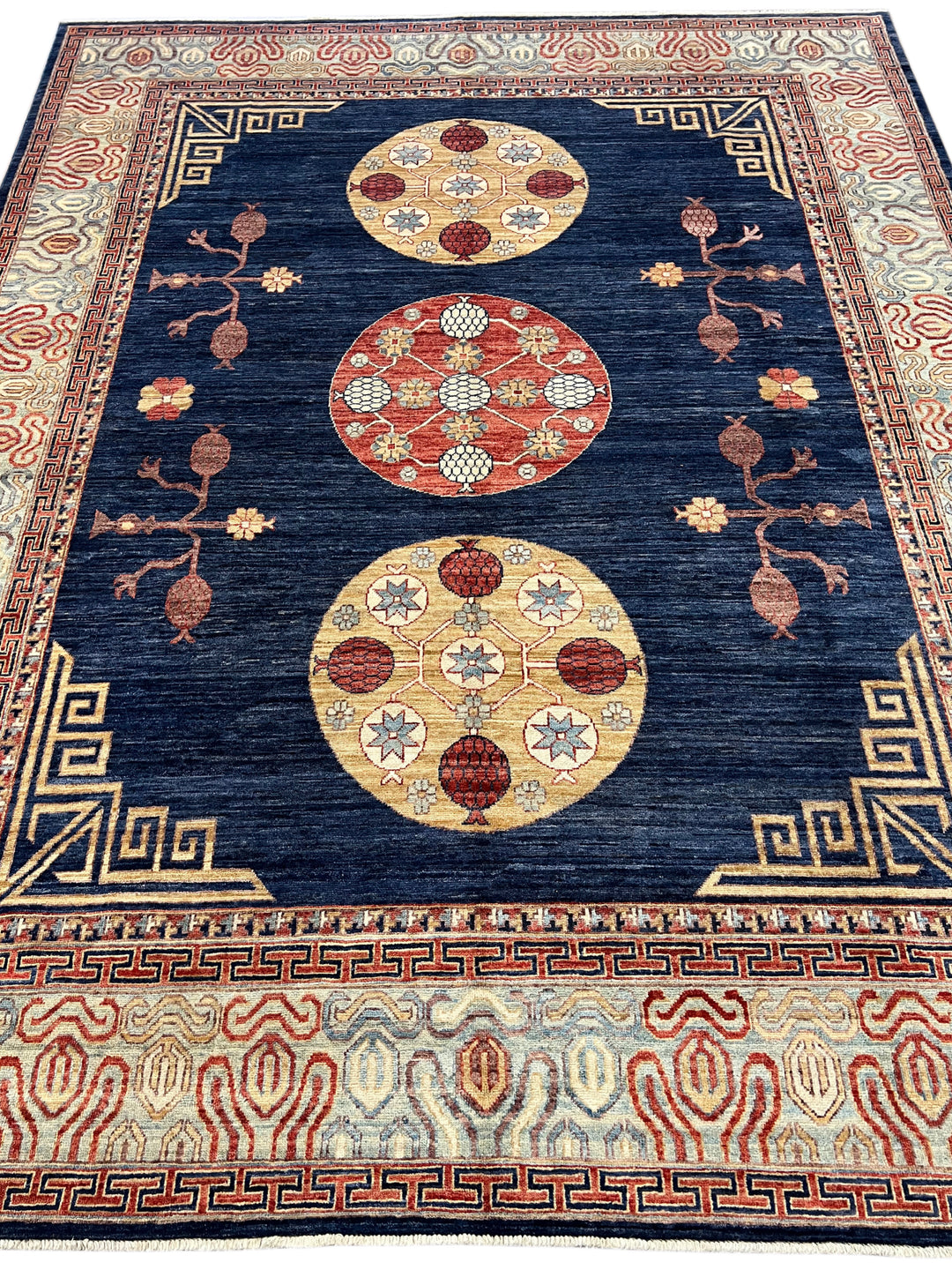 Hand-Knotted Art Deco Wool Rug | Navy Blue, Ivory &amp; Rust Geometric Design | 8.2 x 10.2