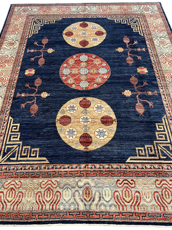 Hand-Knotted Art Deco Wool Rug | Navy Blue, Ivory &amp; Rust Geometric Design | 8.2 x 10.2