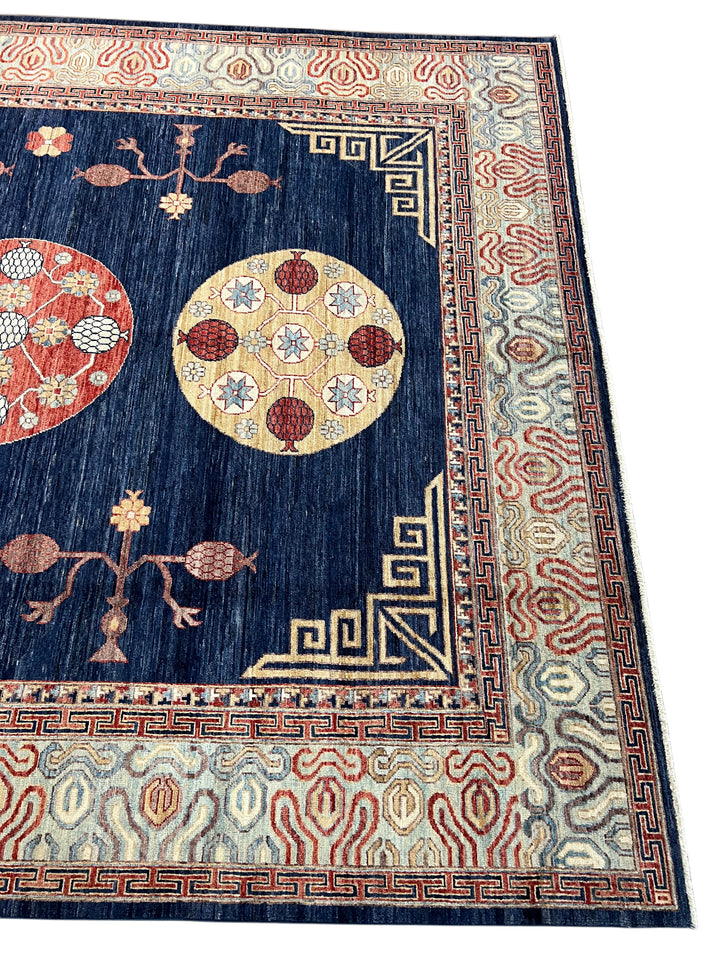 Hand-Knotted Art Deco Wool Rug | Navy Blue, Ivory &amp; Rust Geometric Design | 8.2 x 10.2