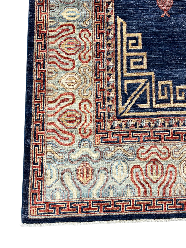 Hand-Knotted Art Deco Wool Rug | Navy Blue, Ivory &amp; Rust Geometric Design | 8.2 x 10.2