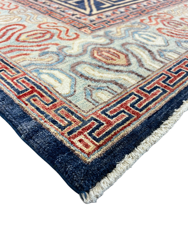 Hand-Knotted Art Deco Wool Rug | Navy Blue, Ivory &amp; Rust Geometric Design | 8.2 x 10.2