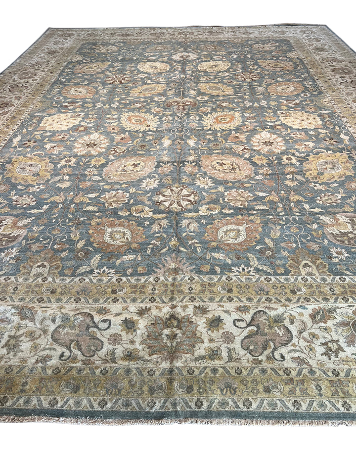 Oversized Handmade Traditional Wool Rug – Blue, Ivory &amp; Taupe | 14’10” × 19’6”