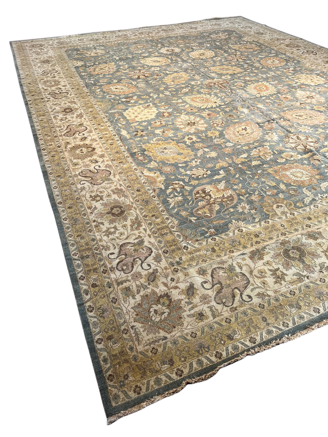Oversized Handmade Traditional Wool Rug – Blue, Ivory &amp; Taupe | 14’10” × 19’6”