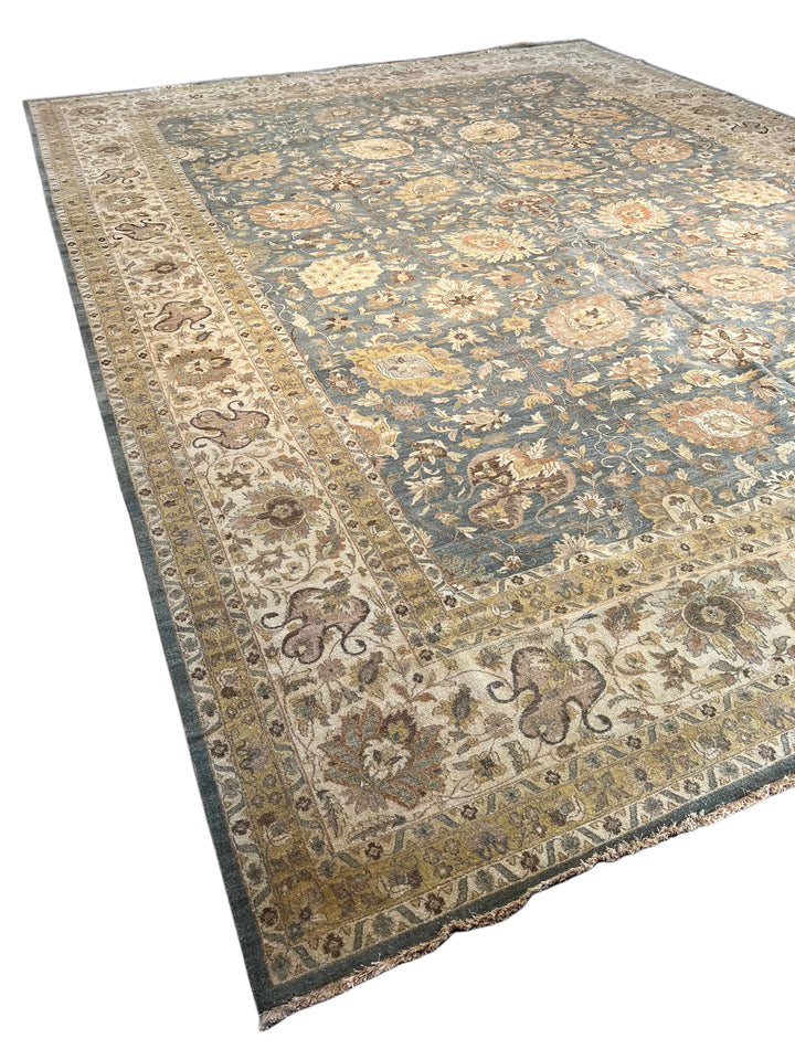 Oversized Handmade Traditional Wool Rug – Blue, Ivory &amp; Taupe | 14’10” × 19’6”