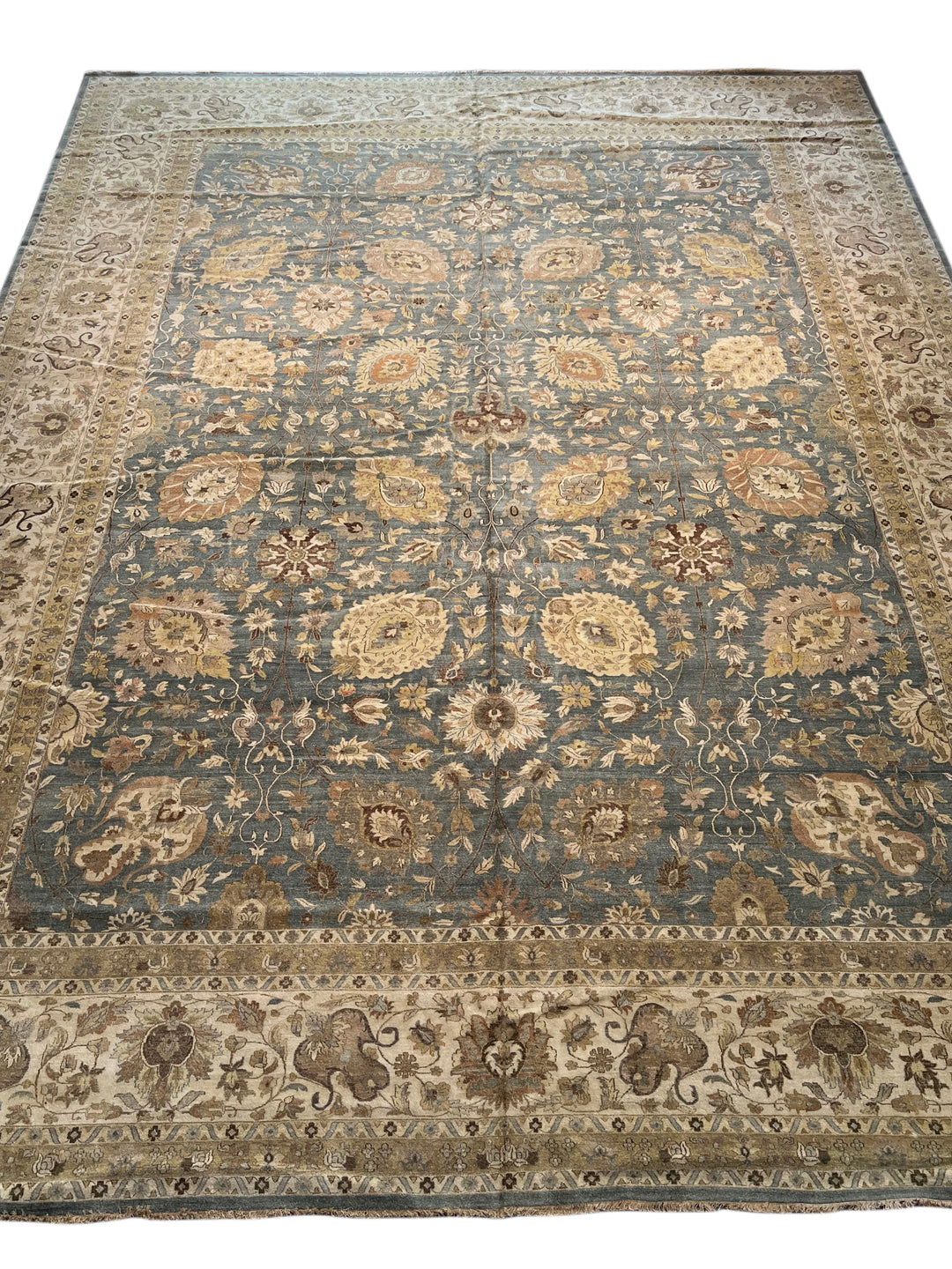 Oversized Handmade Traditional Wool Rug – Blue, Ivory &amp; Taupe | 14’10” × 19’6”