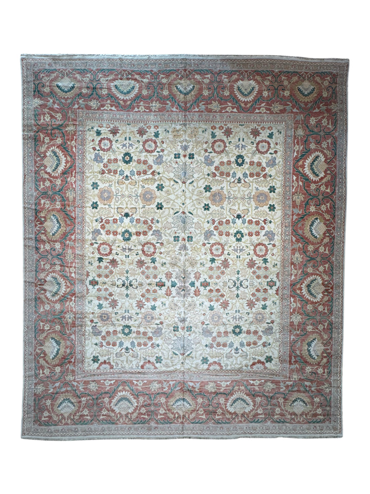 Oversized Handmade Traditional Wool Rug – Ivory, Rust Red &amp; Sage Green | 15’3” × 18’0”