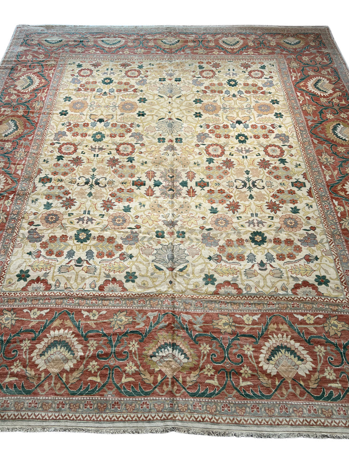 Oversized Handmade Traditional Wool Rug – Ivory, Rust Red &amp; Sage Green | 15’3” × 18’0”