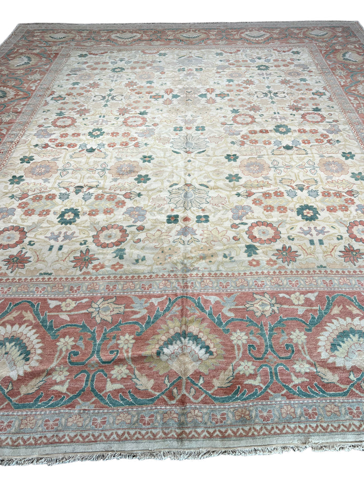 Oversized Handmade Traditional Wool Rug – Ivory, Rust Red &amp; Sage Green | 15’3” × 18’0”