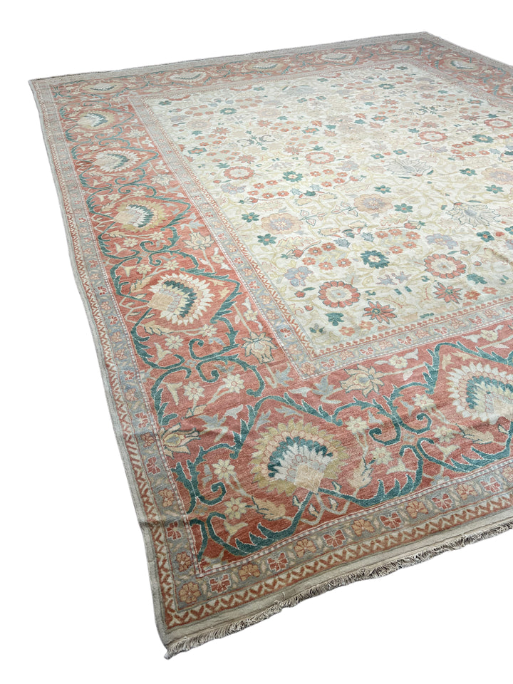 Oversized Handmade Traditional Wool Rug – Ivory, Rust Red &amp; Sage Green | 15’3” × 18’0”