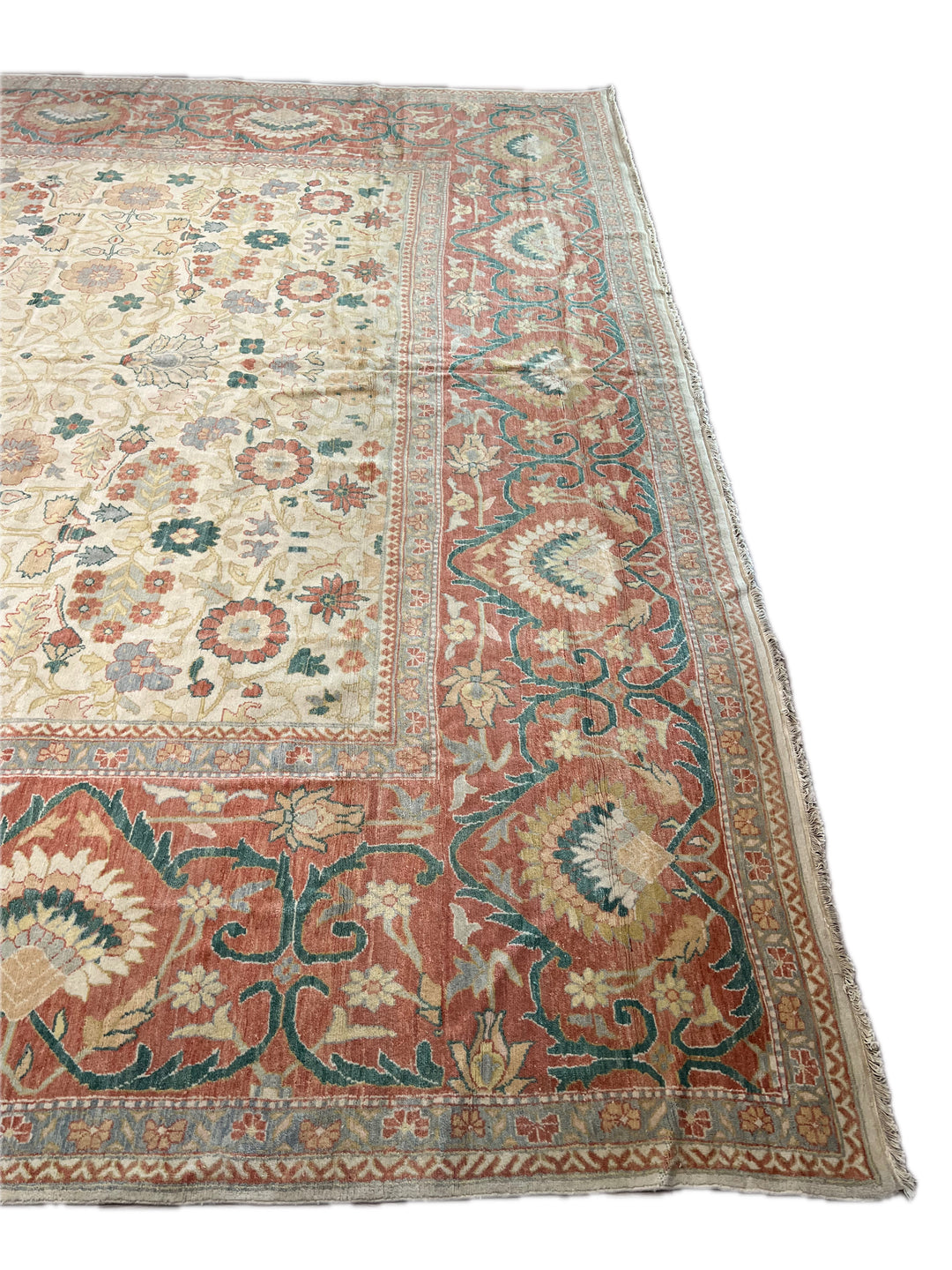 Oversized Handmade Traditional Wool Rug – Ivory, Rust Red &amp; Sage Green | 15’3” × 18’0”