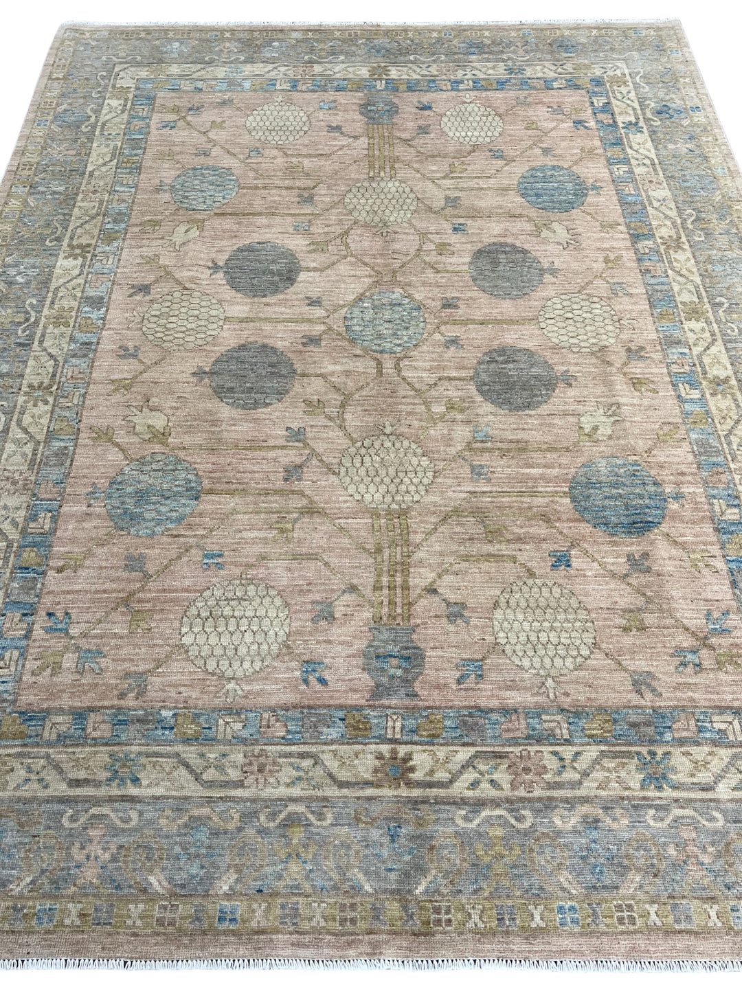 Blush Pink, Blue &amp; Ivory - Handmade Oushak Wool Rug –  7’10” × 10’2”