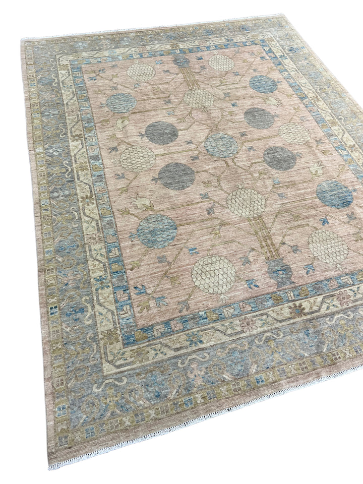 Blush Pink, Blue &amp; Ivory - Handmade Oushak Wool Rug –  7’10” × 10’2”
