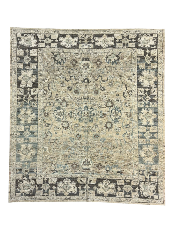 Square Handmade Transitional Wool Rug – Ivory, Charcoal &amp; Soft Blue | 7’6” × 8’5”