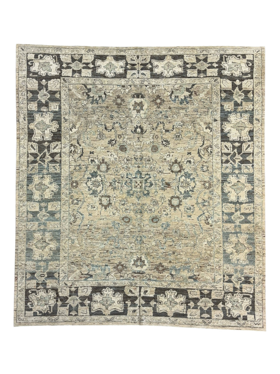 Square Handmade Transitional Wool Rug – Ivory, Charcoal & Soft Blue | 7’6” × 8’5”