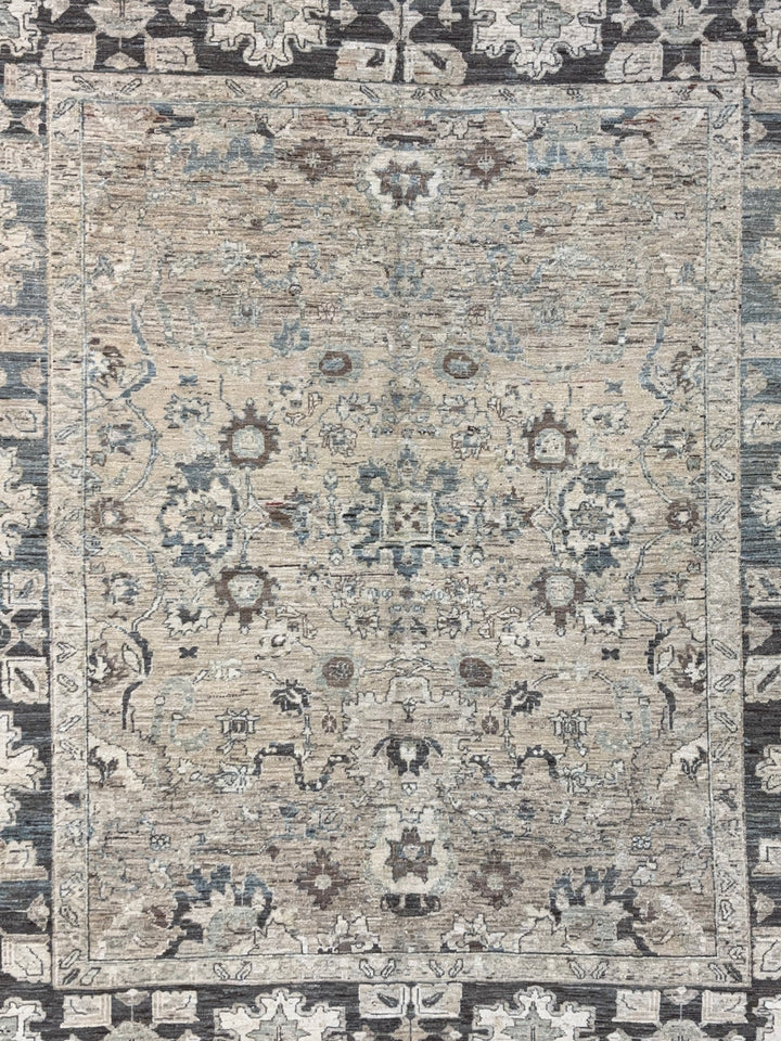 Square Handmade Transitional Wool Rug – Ivory, Charcoal &amp; Soft Blue | 7’6” × 8’5”
