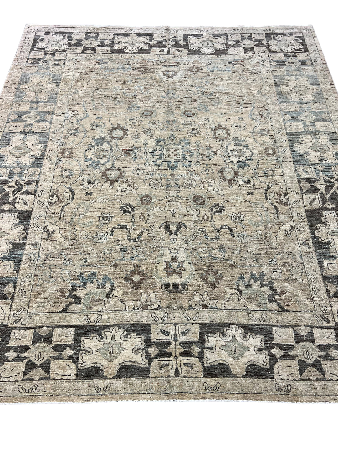Square Handmade Transitional Wool Rug – Ivory, Charcoal &amp; Soft Blue | 7’6” × 8’5”