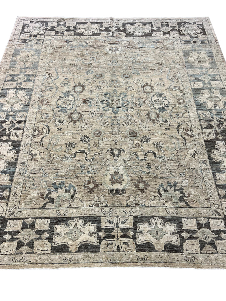 Square Handmade Transitional Wool Rug – Ivory, Charcoal &amp; Soft Blue | 7’6” × 8’5”