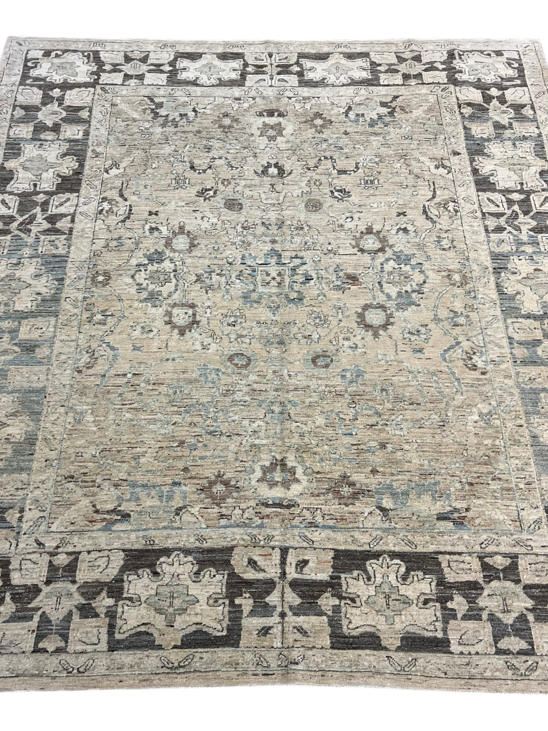 Square Handmade Transitional Wool Rug – Ivory, Charcoal &amp; Soft Blue | 7’6” × 8’5”