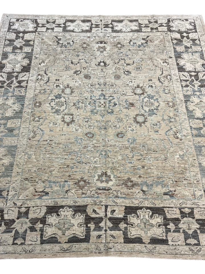 Square Handmade Transitional Wool Rug – Ivory, Charcoal &amp; Soft Blue | 7’6” × 8’5”