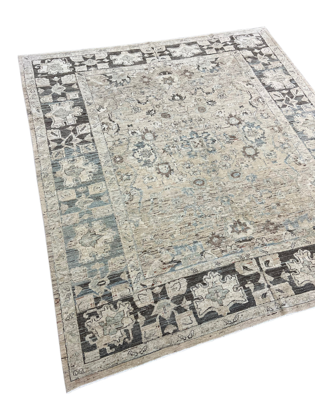 Square Handmade Transitional Wool Rug – Ivory, Charcoal &amp; Soft Blue | 7’6” × 8’5”