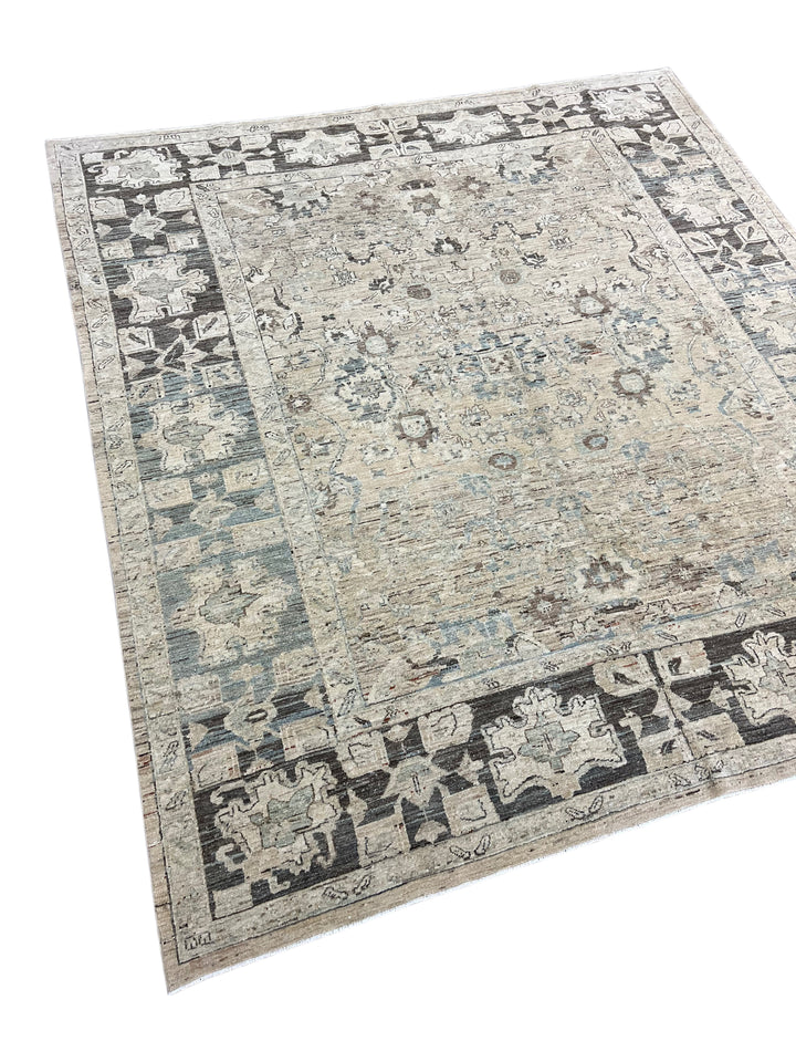 Square Handmade Transitional Wool Rug – Ivory, Charcoal &amp; Soft Blue | 7’6” × 8’5”