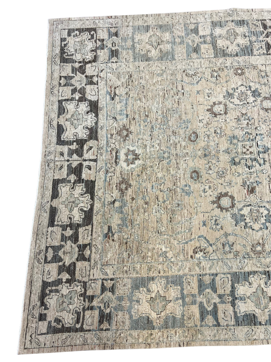 Square Handmade Transitional Wool Rug – Ivory, Charcoal &amp; Soft Blue | 7’6” × 8’5”