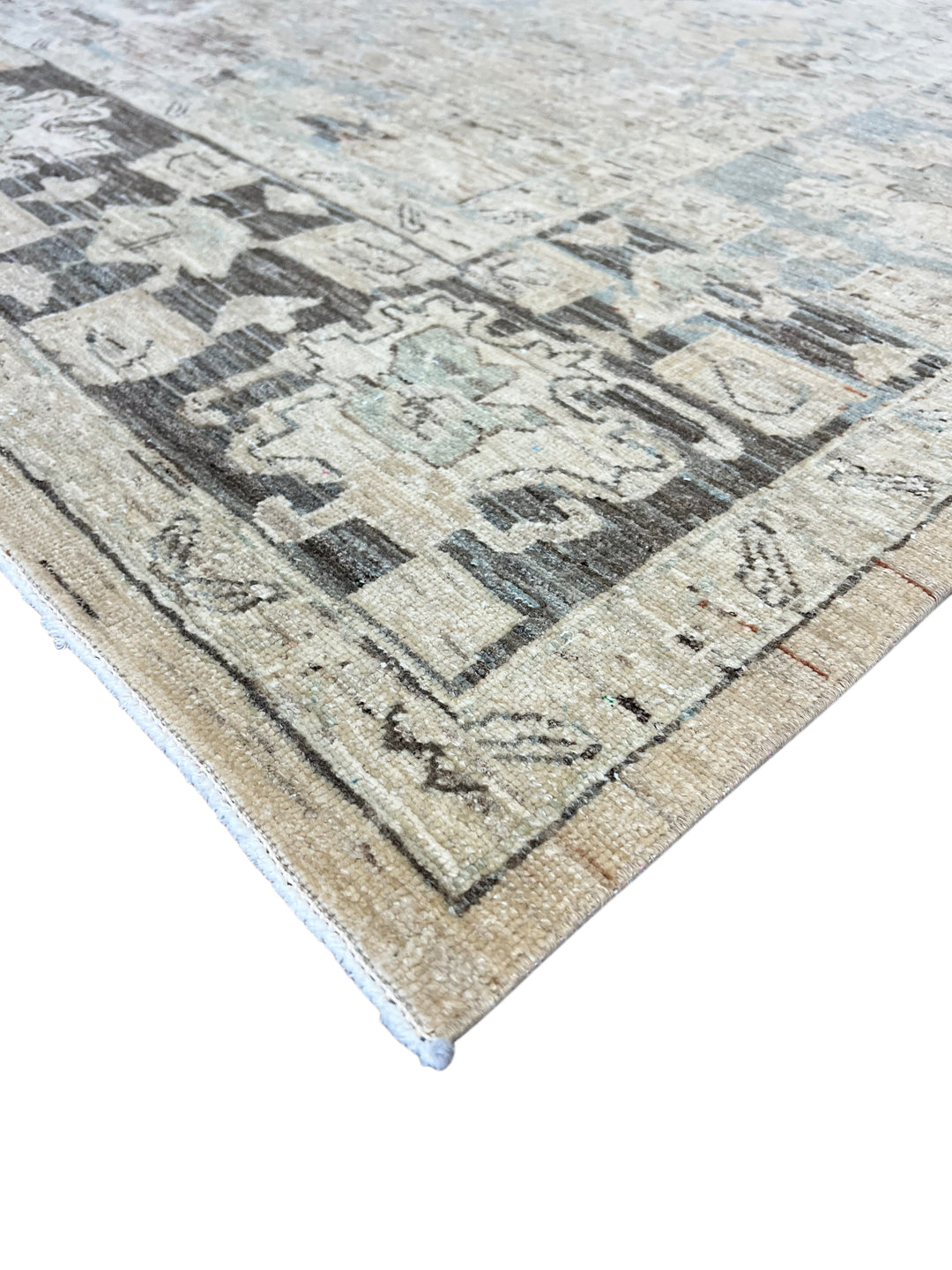 Square Handmade Transitional Wool Rug – Ivory, Charcoal &amp; Soft Blue | 7’6” × 8’5”