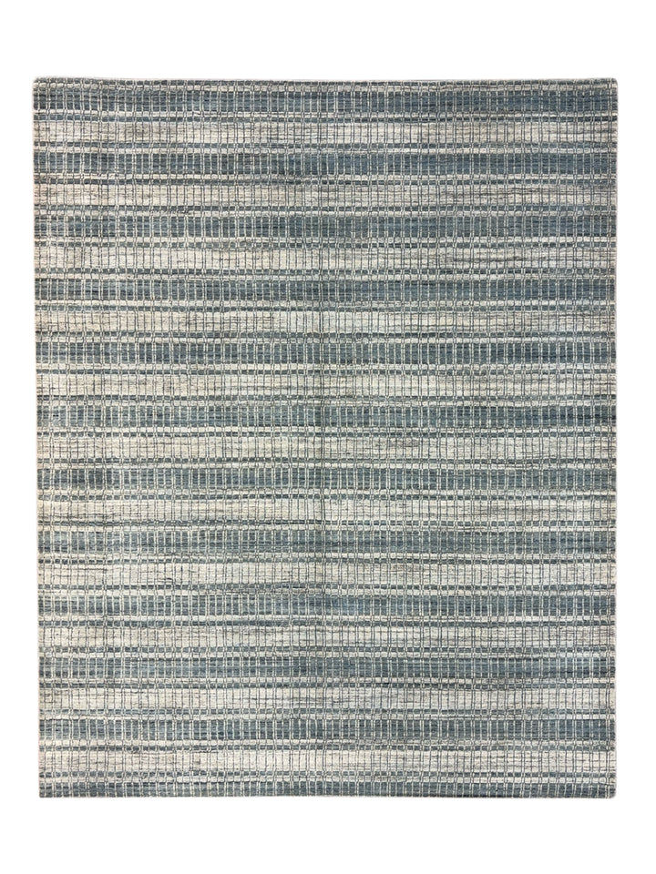 Blue Gray &amp; Ivory Linear Design - Handmade Modern Wool Rug –  8’1” × 10’1”