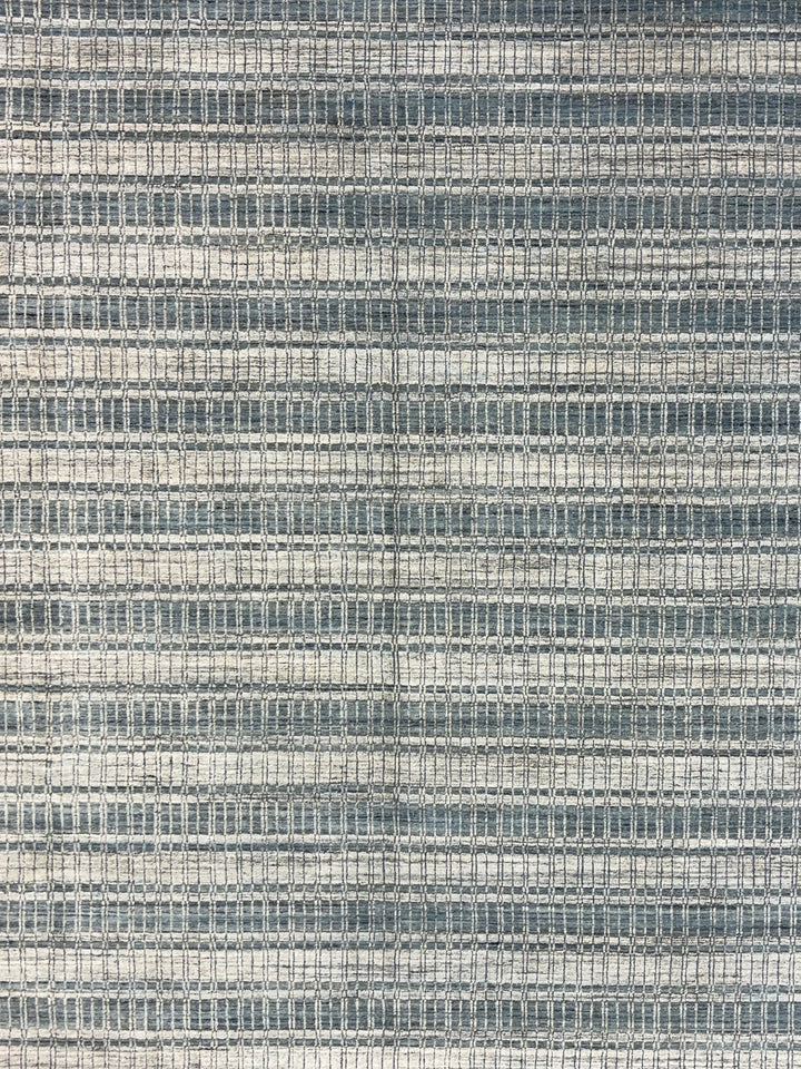 Blue Gray &amp; Ivory Linear Design - Handmade Modern Wool Rug –  8’1” × 10’1”