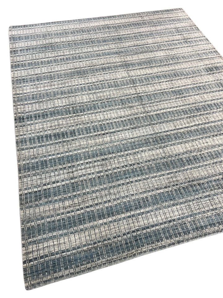 Blue Gray &amp; Ivory Linear Design - Handmade Modern Wool Rug –  8’1” × 10’1”