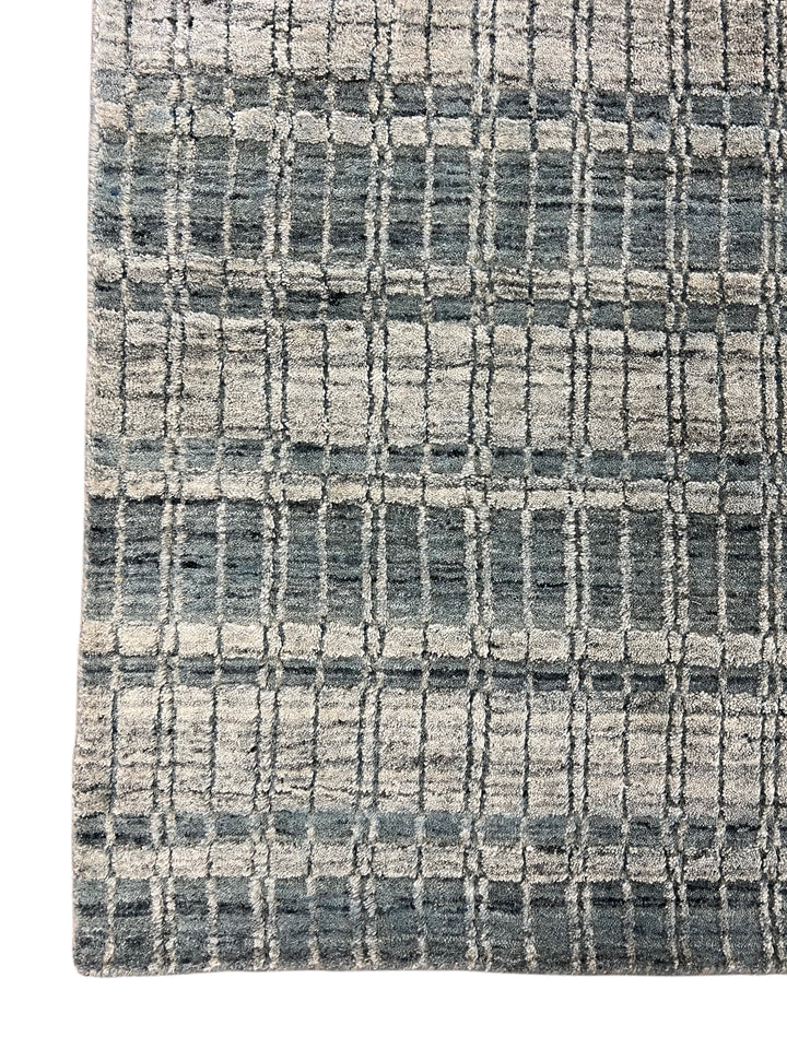 Blue Gray &amp; Ivory Linear Design - Handmade Modern Wool Rug –  8’1” × 10’1”