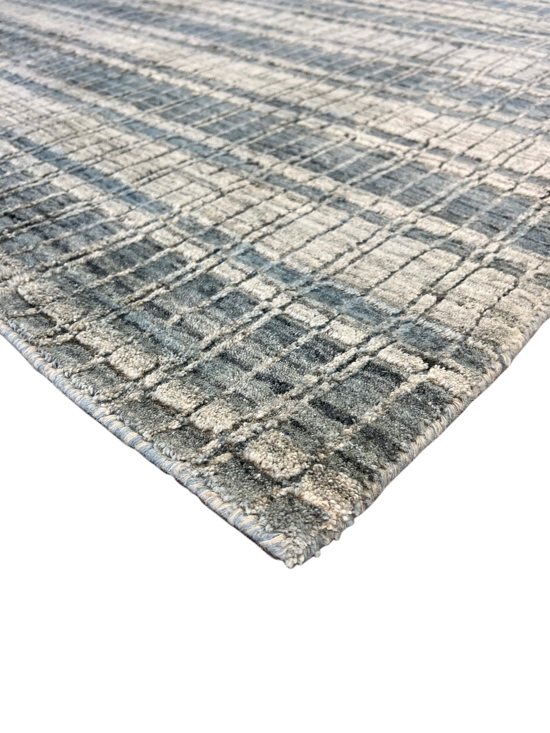 Blue Gray &amp; Ivory Linear Design - Handmade Modern Wool Rug –  8’1” × 10’1”