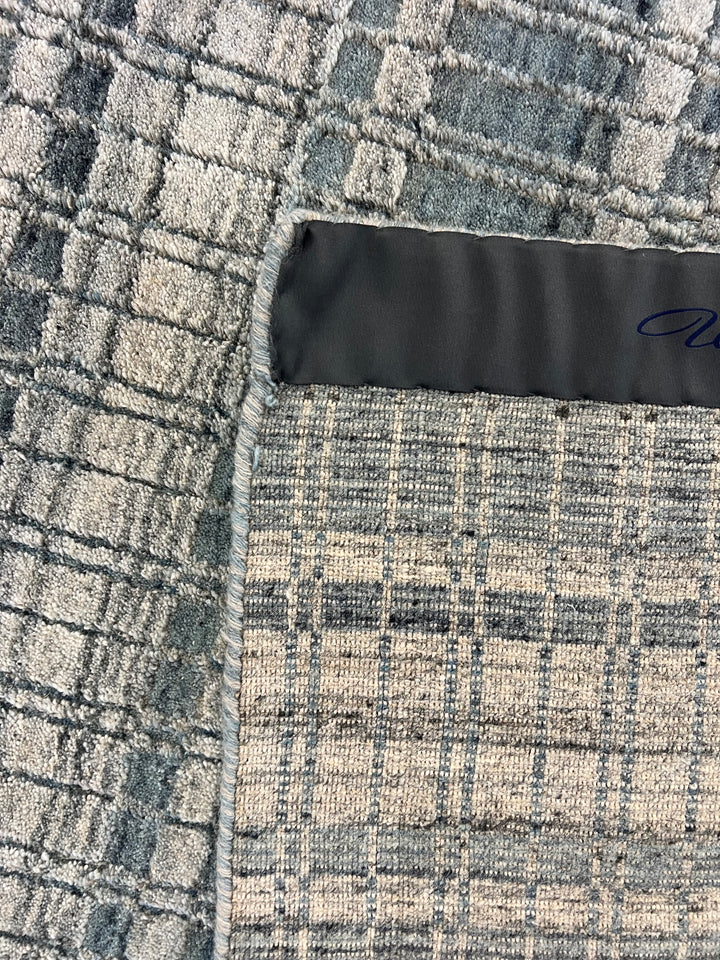 Blue Gray &amp; Ivory Linear Design - Handmade Modern Wool Rug –  8’1” × 10’1”