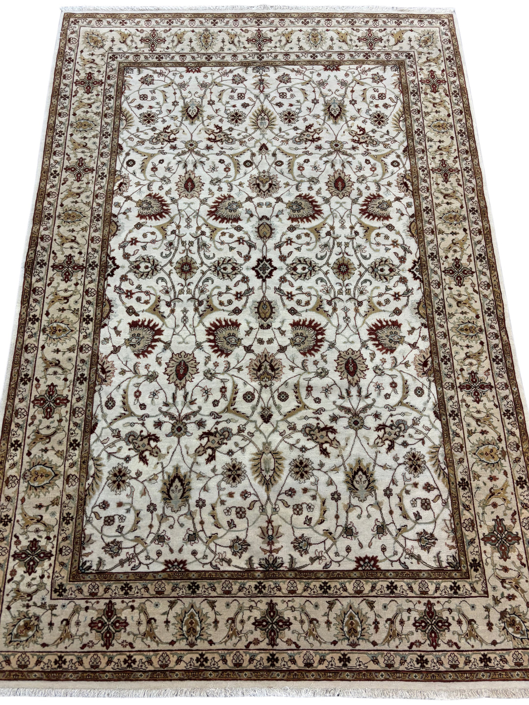 Handmade Traditional Wool Rug – Ivory, Burgundy &amp; Gold | 5’7” × 8’4”
