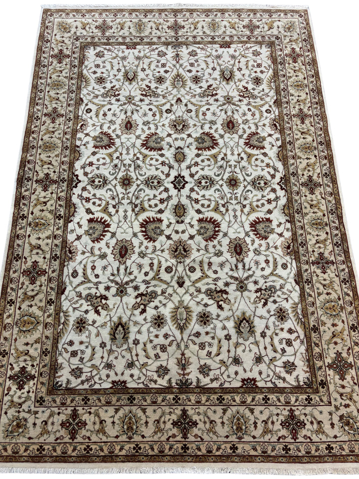 Handmade Traditional Wool Rug – Ivory, Burgundy &amp; Gold | 5’7” × 8’4”