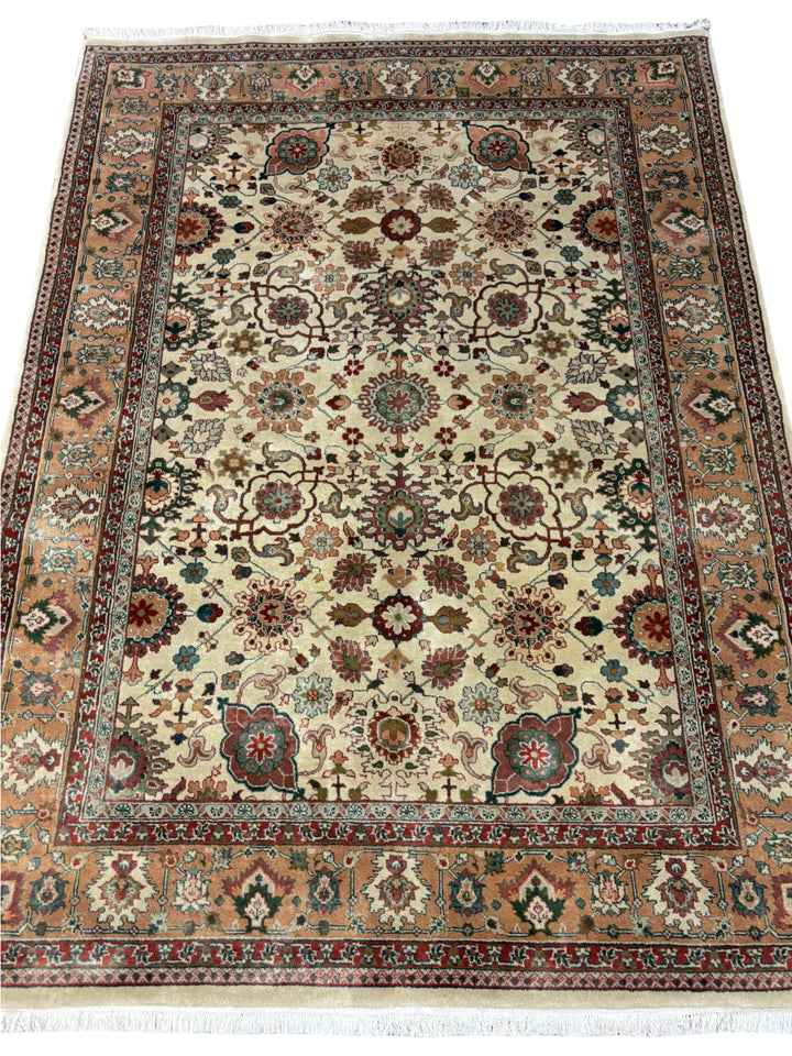 Ivory, Camel &amp; Burgundy - Handmade Traditional Wool Rug –  5’0” × 6’10”