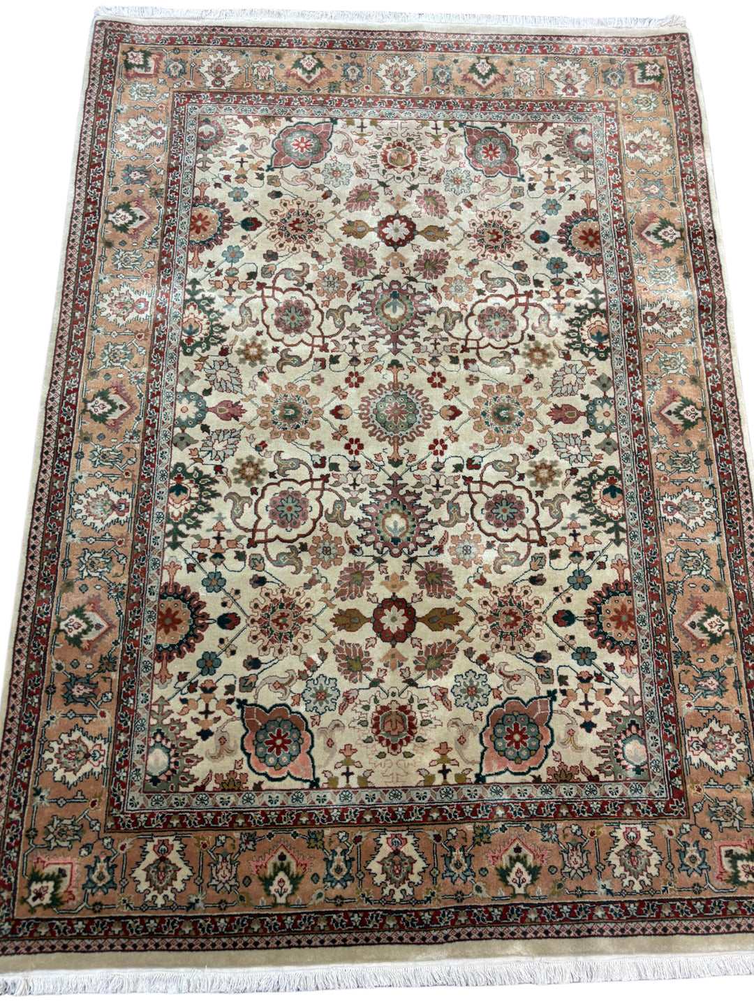 Ivory, Camel &amp; Burgundy - Handmade Traditional Wool Rug –  5’0” × 6’10”