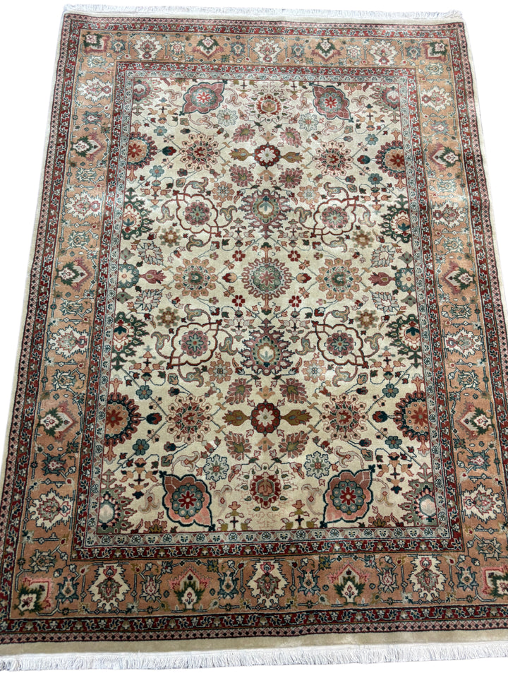 Ivory, Camel &amp; Burgundy - Handmade Traditional Wool Rug –  5’0” × 6’10”