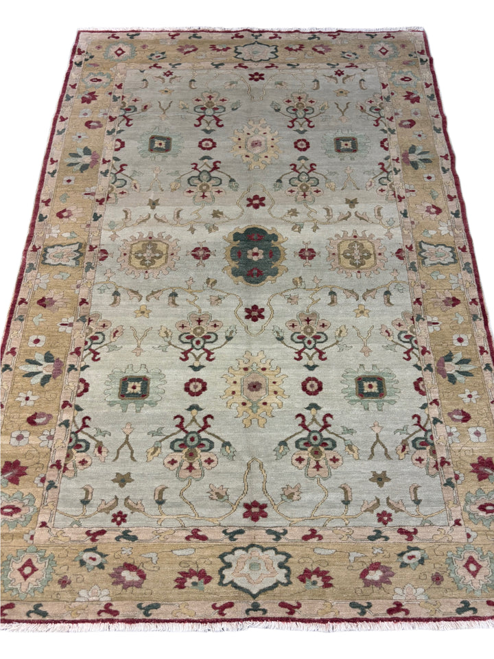 Ivory, Beige &amp; Burgundy Traditional Floral Design – Hand-Knotted Egyptian Wool Rug – 5.6’ x 8.3’