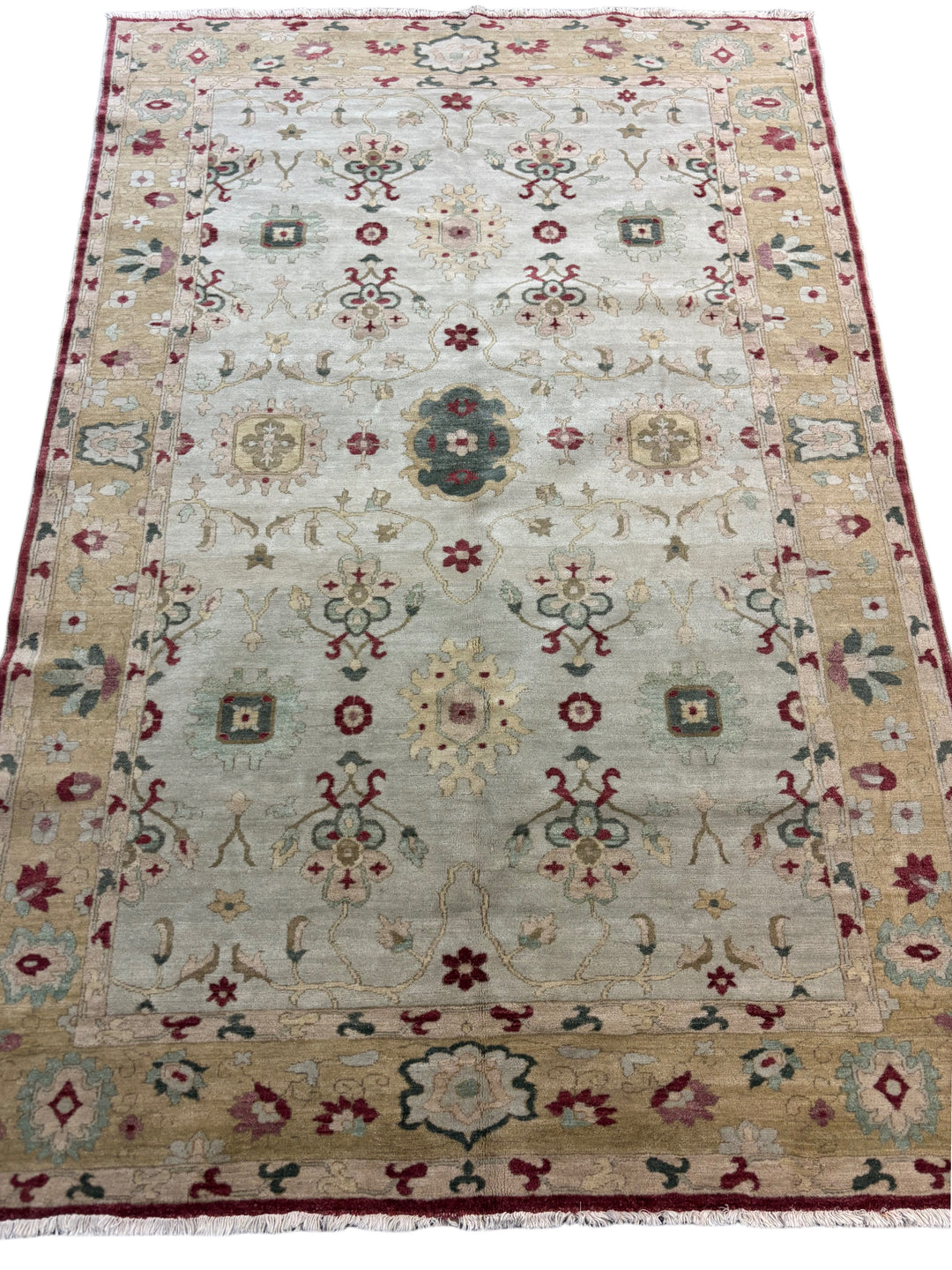 Ivory, Beige &amp; Burgundy Traditional Floral Design – Hand-Knotted Egyptian Wool Rug – 5.6’ x 8.3’