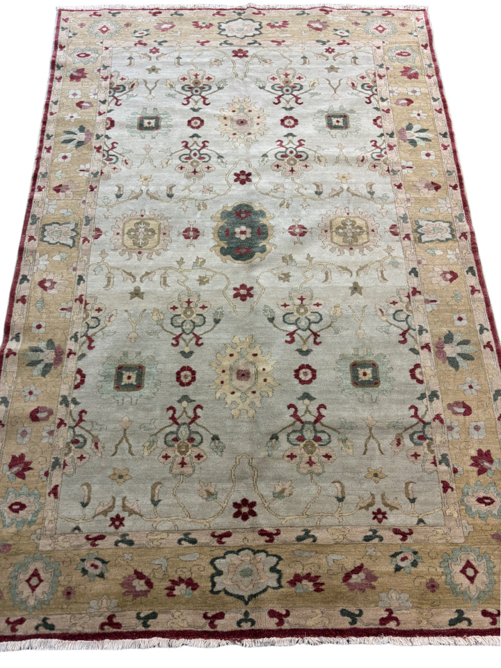 Ivory, Beige &amp; Burgundy Traditional Floral Design – Hand-Knotted Egyptian Wool Rug – 5.6’ x 8.3’