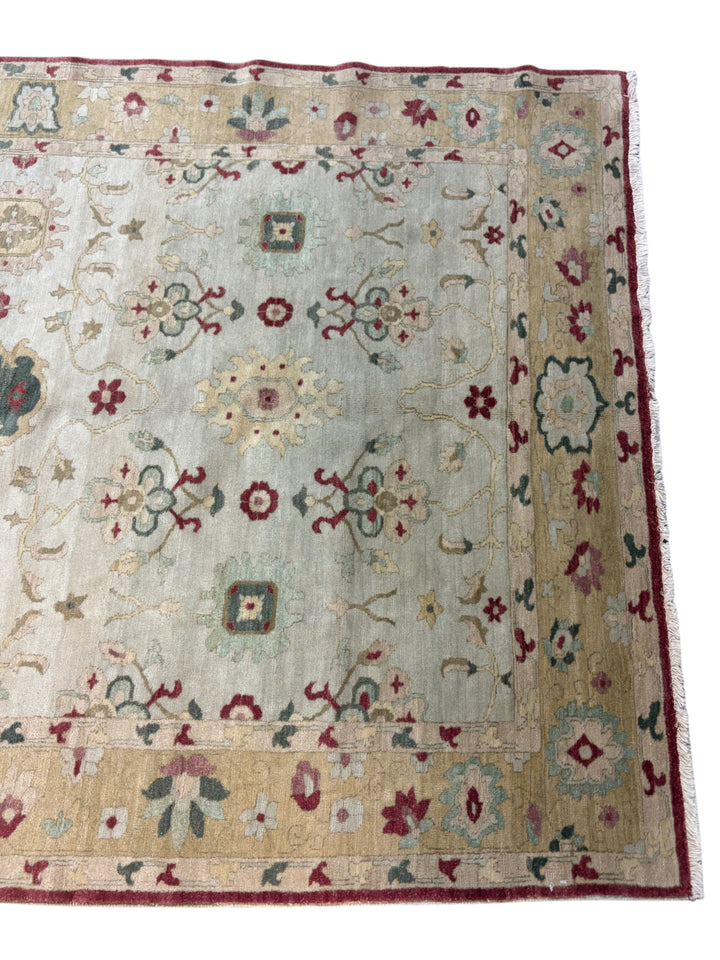 Ivory, Beige &amp; Burgundy Traditional Floral Design – Hand-Knotted Egyptian Wool Rug – 5.6’ x 8.3’