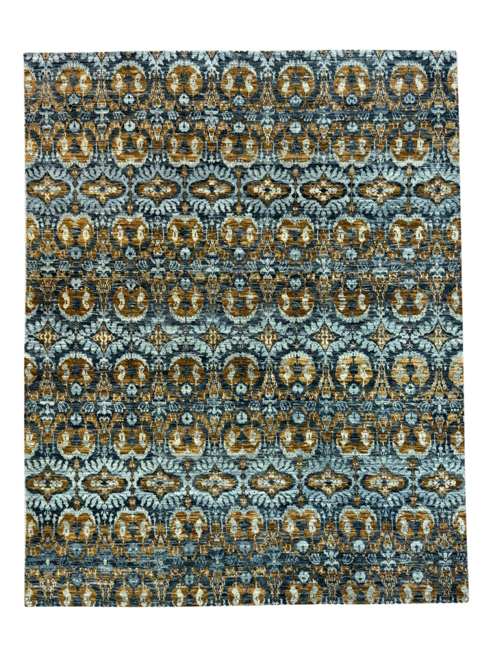 Blue, Charcoal &amp; Gold Contemporary Geometric Design – Hand-Knotted Wool Rug – 7.10’ x 9.11’