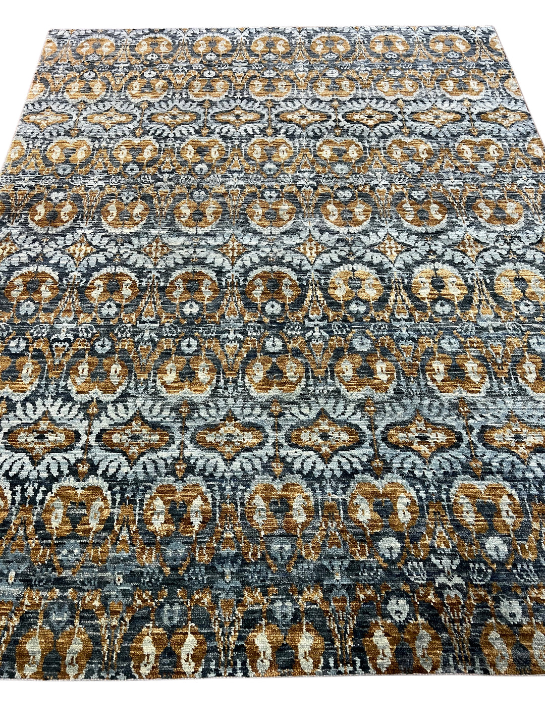 Blue, Charcoal &amp; Gold Contemporary Geometric Design – Hand-Knotted Wool Rug – 7.10’ x 9.11’