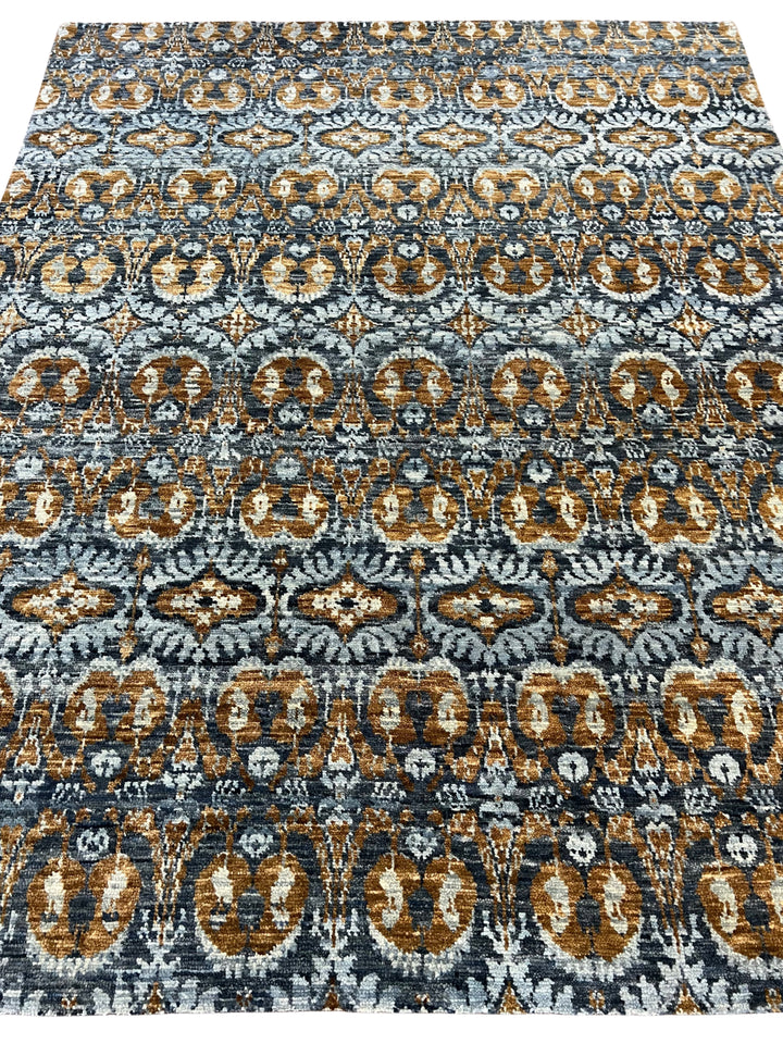 Blue, Charcoal &amp; Gold Contemporary Geometric Design – Hand-Knotted Wool Rug – 7.10’ x 10.0’