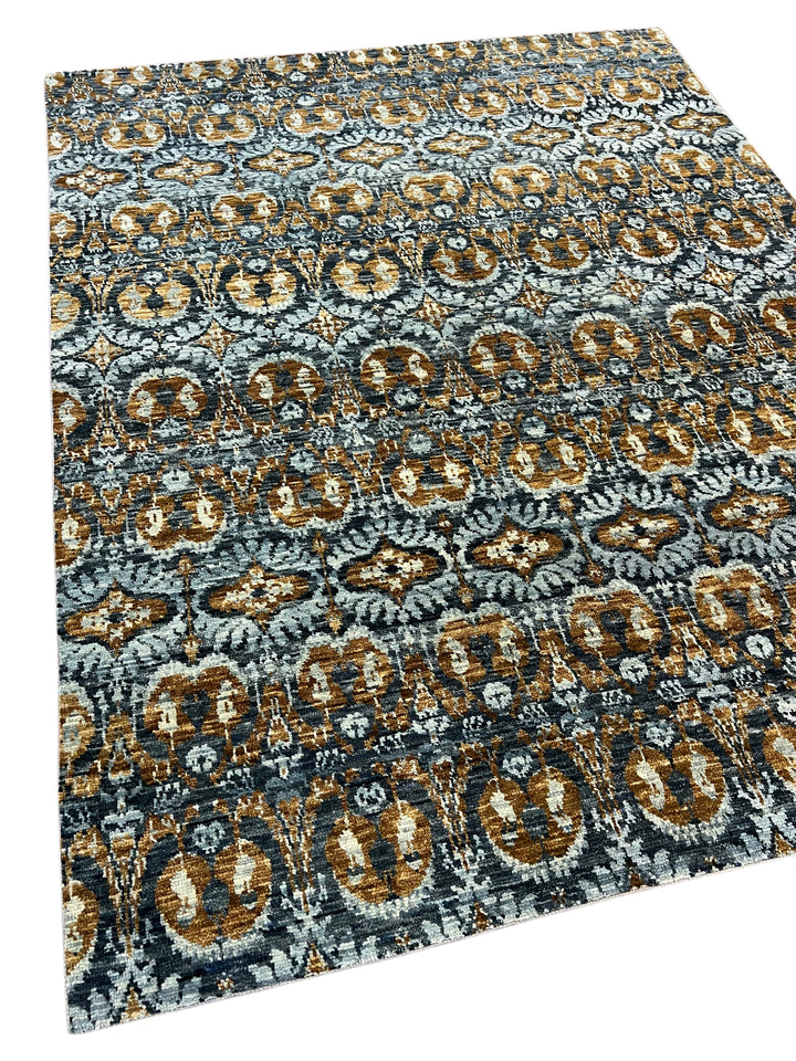 Blue, Charcoal &amp; Gold Contemporary Geometric Design – Hand-Knotted Wool Rug – 7.10’ x 10.0’