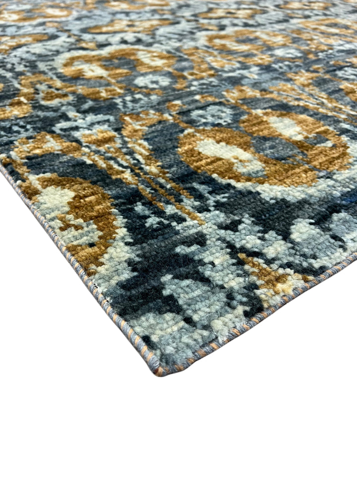 Blue, Charcoal &amp; Gold Contemporary Geometric Design – Hand-Knotted Wool Rug – 7.10’ x 10.0’